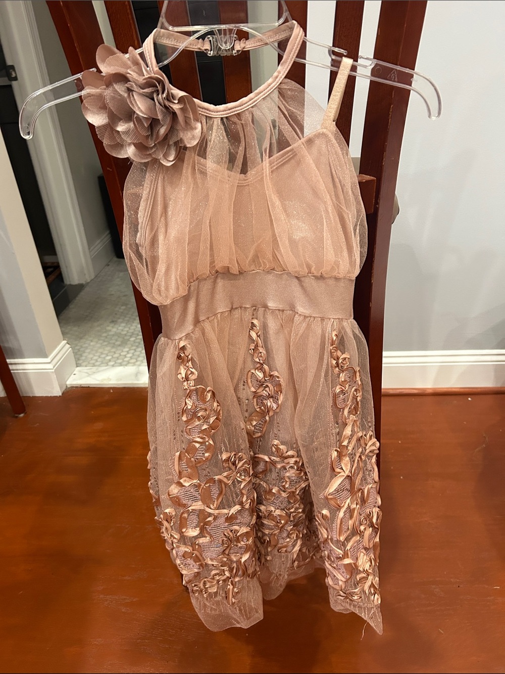 Girls' Rose Gold Tulle Floral Appliqué Party Dress